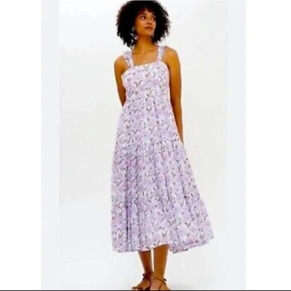 Haute Hippie Dress Womens M White Purple Floral Tiered Midi Smocked Cottage Boho - Picture 1 of 16